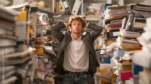 Overwhelmed by Documents: A person stands amidst towering stacks of documents, capturing the essence of being overwhelmed and overloaded with work. 