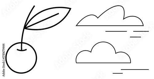 Cherry with stem and leaf and minimalist clouds with horizontal lines. Ideal for nature, simplicity, eco-friendliness, food, wellness, minimalism, and organic lifestyle. Simple flat metaphor