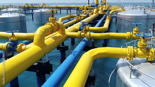 Industrial Petrochemical Plant With Yellow And Blue Pipes And Storage Tanks On The Water Under Clear Blue Sky