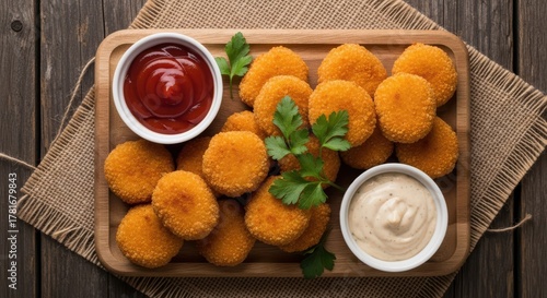 Crispy golden chicken nuggets served with ketchup and mayonnaise dip on a wooden board, popular fast food snack
