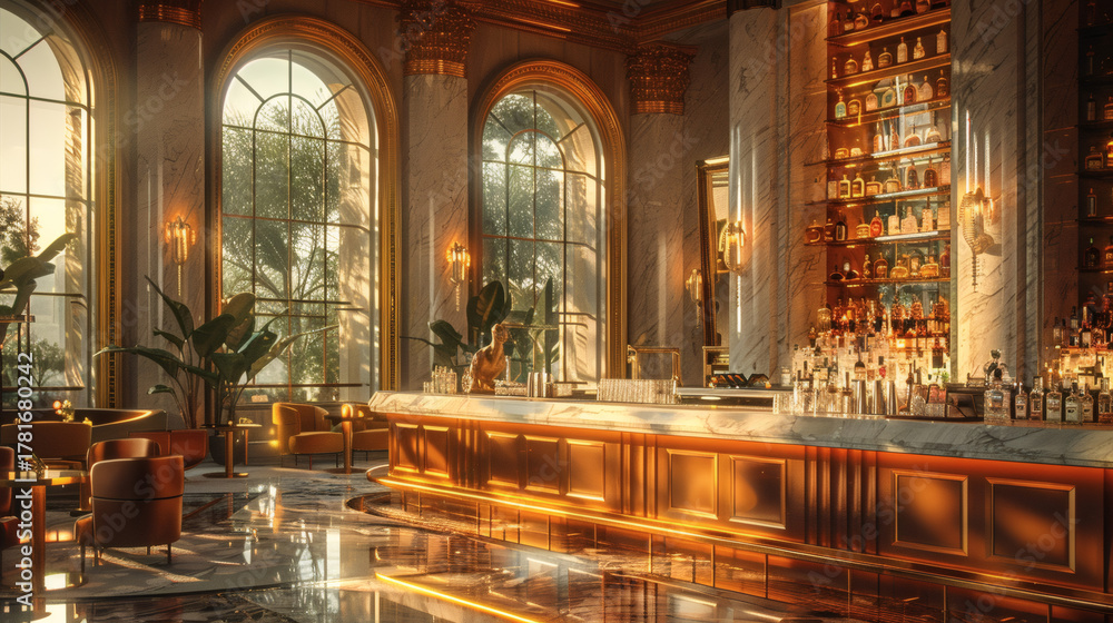 Fototapeta premium Elegant Hotel Bar with Marble and Golden Accents
