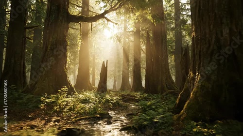 Slow Tracking Shot Through Ancient Forest with Sunbeams Piercing Through Canopy sunlight, trees, zen
