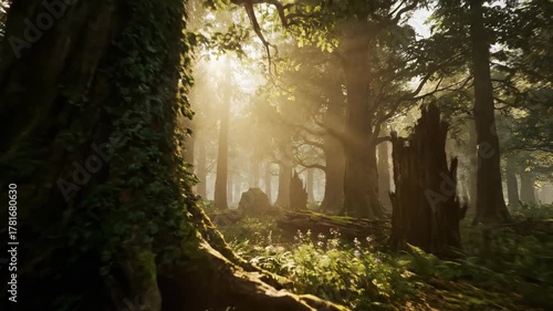 Slow Tracking Shot Through Ancient Forest with Sunbeams Piercing Through Canopy discovery, Ancient Forest, forest