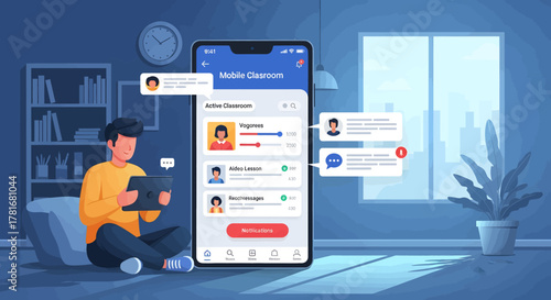 Man using mobile app on tablet in living room with large phone display.