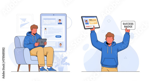 A student watches an online educational course on a large tablet surrounded by learning icons.