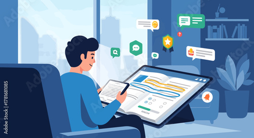 A man engaging with multiple digital devices for online learning and communication in a modern setting.