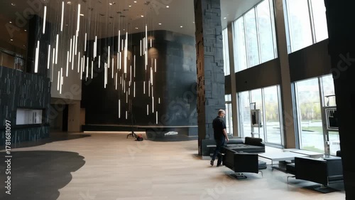 Medium shot of an interior specialist installing customizable LED bulbs to highlight architectural features in a sleek commercial space