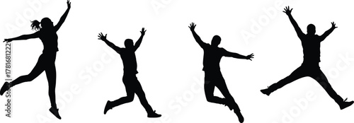 Jumping silhouettes, energetic people, freedom expression, active lifestyle, joyful movement, black figures, white background, dynamic poses, celebration, happiness, youth, vitality, motion, leap, 