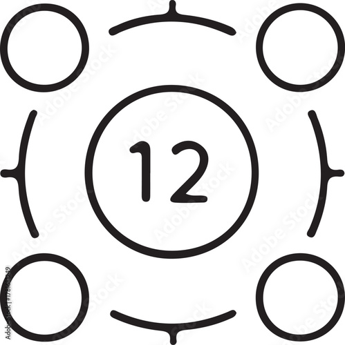 Abstract vector icon representing a network of connected circles with the number 12 at its core