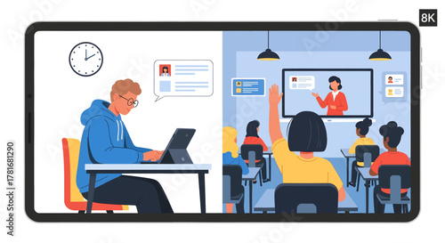 A student watches an online educational course on a large tablet surrounded by learning icons.