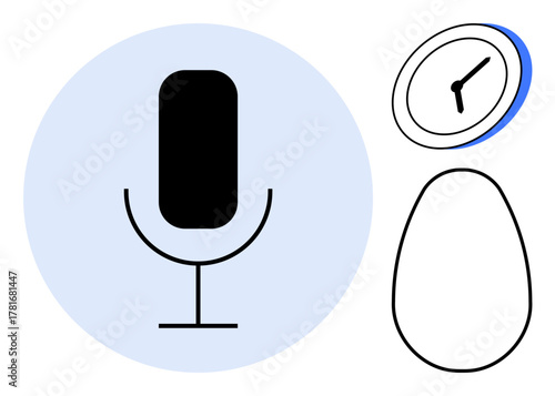 Microphone with smartphone, oval clock, and abstract shapes in flat style. Ideal for voice recognition, podcasting, productivity, time management, creativity technology and audio interface. Simple