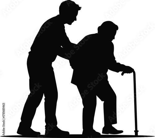 Compassionate caregiver assisting an elderly person with a walking stick silhouette
