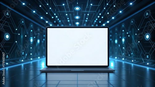 A laptop showing a blank screen in a digital holographic interface