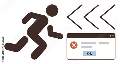 Person running away from a screen with an error alert pop-up featuring a red cross, text fields, and OK button. Ideal for technology frustration, troubleshooting, digital stress, user error, workflow