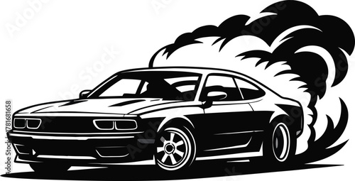 Classic muscle car performing a burnout with thick smoke silhouette