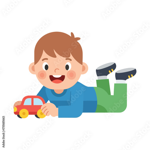 A young child happily playing with a red toy car on the floor.