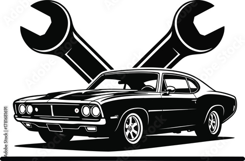 Classic muscle car with crossed wrenches mechanic logo silhouette