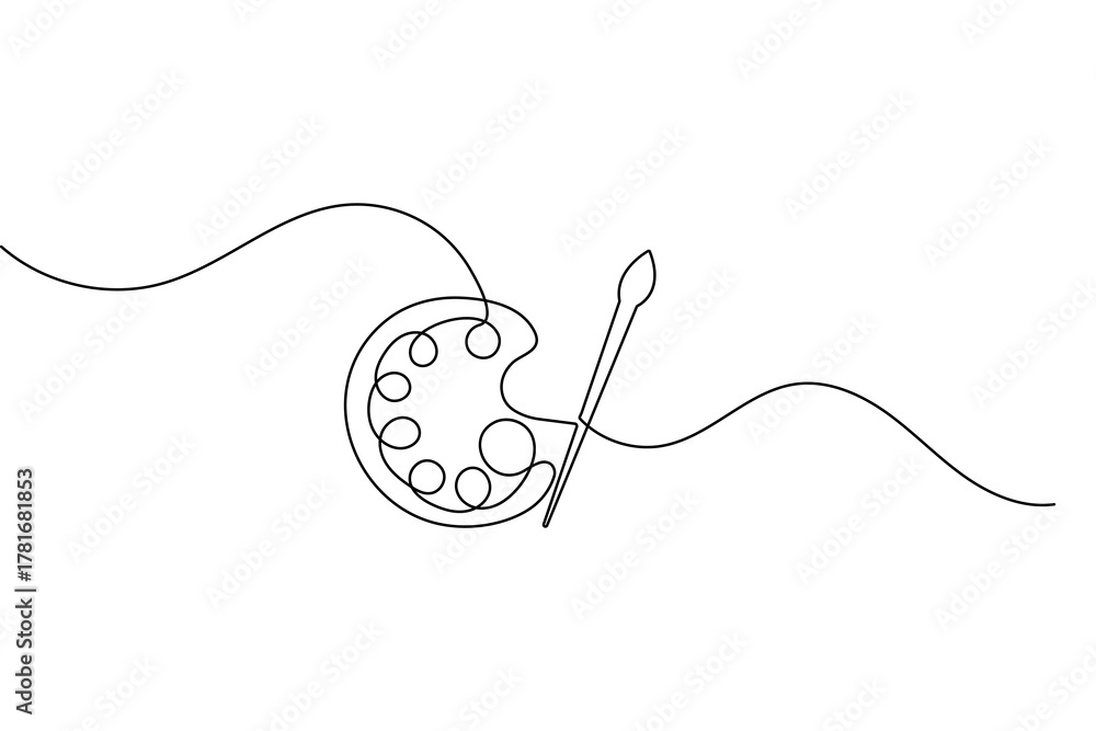 Obraz premium Continuous one line drawing of paint palette and brush minimalist outline art vector design 