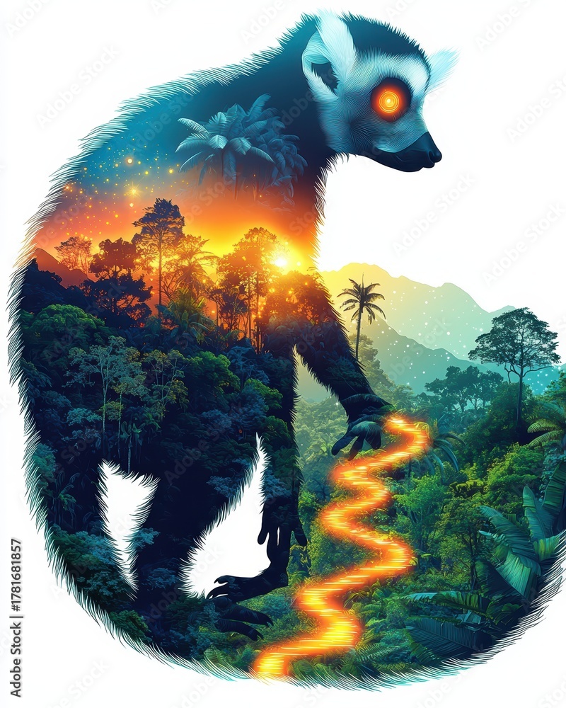Obraz premium Surreal Double Exposure Art of a Lemur with Forest Landscape and Cosmic Elements, Captivating Nature and Animal Fusion in Vibrant Colors