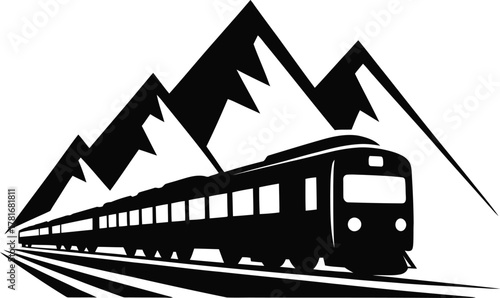 Commuter train traveling through a majestic mountain landscape at dawn silhouette