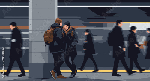 Amidst the rush hour blur of a modern city subway station, a couple finds a moment of connection and conversation, dressed in warm winter attire.