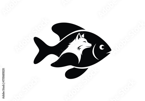 Fox inside fish vector design logo. unique animal in animal design, black white vector