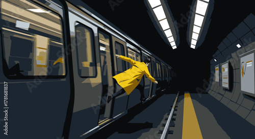 An anonymous figure in a bright yellow coat makes a dramatic exit from a dark, accelerating subway car onto a deserted platform.