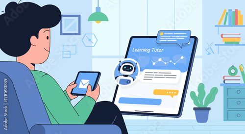 A young man sitting on a couch uses a tablet with an AI learning tutor chatbot for online education at home.