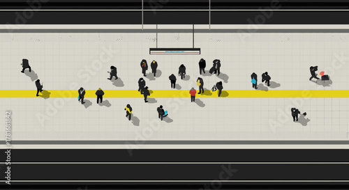 An overhead view captures a diverse group of commuters waiting patiently on a busy urban subway platform, highlighting the daily rush of city life.