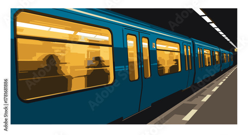 A sleek blue subway train waits at an underground station platform, its windows glowing with warm light, revealing passenger silhouettes during an urban journey.