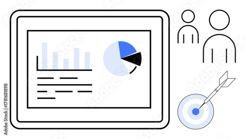 Digital tablet displaying bar chart, pie chart, and data. Two user figures symbolize collaboration dartboard with arrow represents goal achievement. Ideal for business, analysis, teamwork