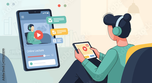 Person watching online lecture on phone and tablet, wearing headphones, with notifications and books in the background.