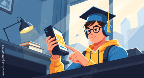 A student watches an online educational course on a large tablet surrounded by learning icons.