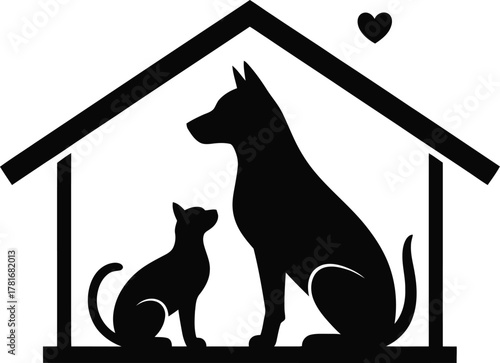 Loving dog and cat pet shelter house with heart silhouette