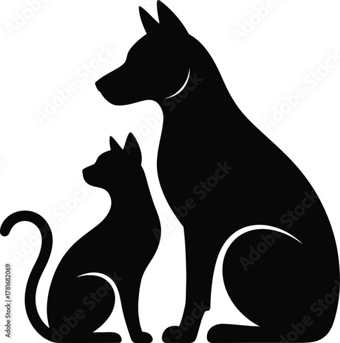 Loyal dog and cat companions sitting together silhouette design