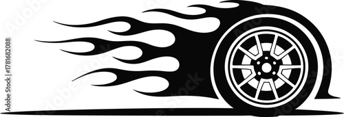 Fiery racing tire wheel silhouette with flames and smoke