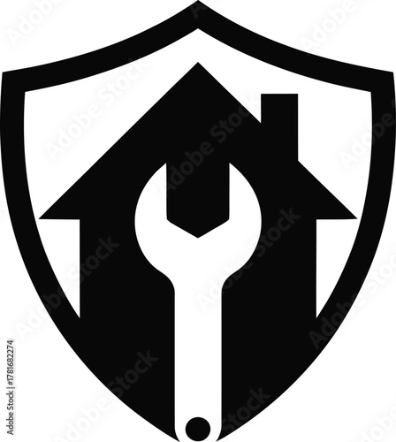 Home repair house wrench and shield logo design silhouette