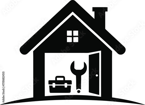 Open house door with toolbox and wrench for home repair services silhouette