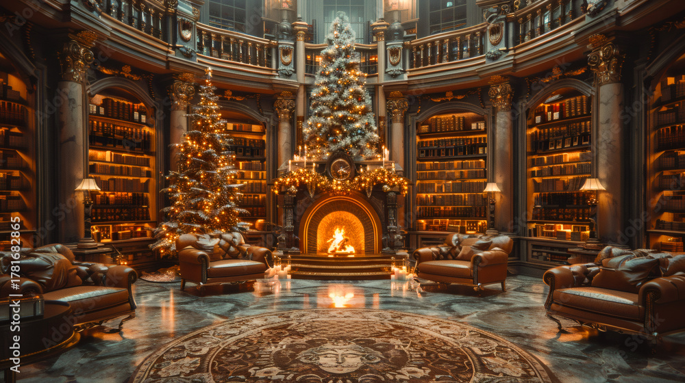 Obraz premium Luxury Library with Christmas Tree and Fireplace