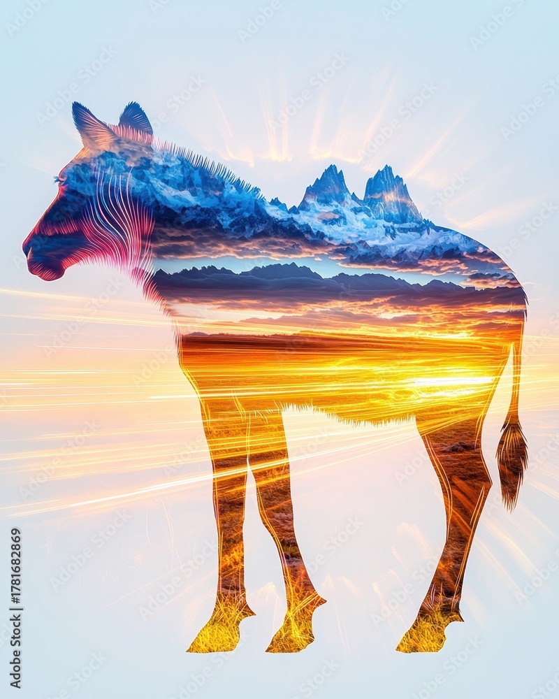 Fototapeta premium Artistic representation of a zebra silhouette combined with a vibrant landscape featuring mountains, clouds, and sunset in an imaginative double exposure effect