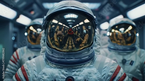 Astronauts in White Suits with Reflective Helmets Walking Down a Spaceship Corridor with Dim Lighting