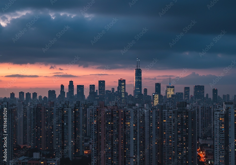 Fototapeta premium Dense towering architecture filling the horizon, showing a vibrant metropolitan core under a dramatic sky at twilight. (137 characters) ,skyscraper ,skyline ,dusk