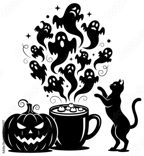 A spooky halloween scene with a cat, pumpkin, ghosts, and a cup