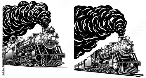 Two vintage steam trains with billowing smoke, showcasing their powerful design