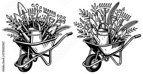 Wheelbarrows filled with gardening tools, a charming illustration for garden lovers and outdoor enthusiasts alike