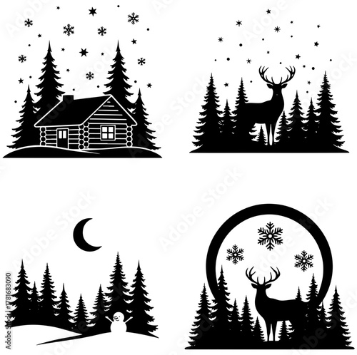 Set of winter landscapes with cabin, deer, trees, moon, snowman