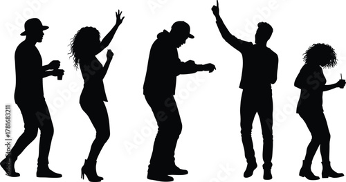 Silhouette dancers, party celebration, energetic movement, joyful people, dance poses, nightlife fun, expressive body language, music rhythm, festive mood, black background, club vibes, entertainment