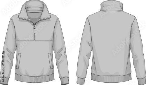 Half zip pullover sweatshirt front and back view, ribbed cuffs and hem design, stylish casual winter apparel, unisex clothing, CAD vector illustration