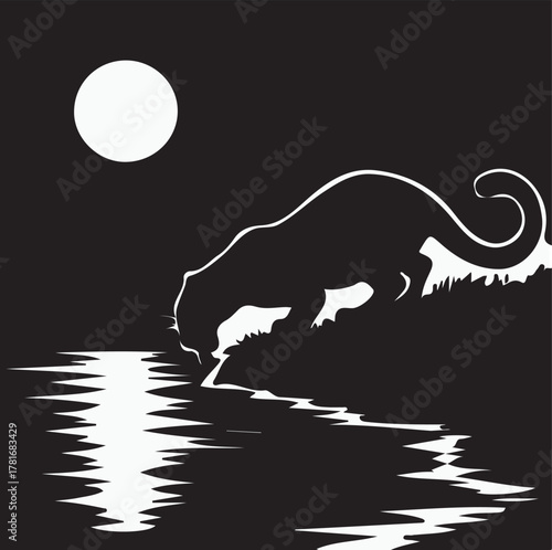 Panther Silhouette at Water’s Edge Under Full Moon – Black and White Illustration