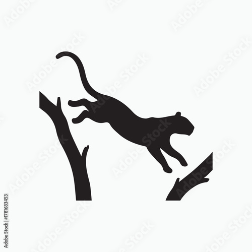 Leopard Silhouette Leaping Between Tree Branches – Black and White Illustration